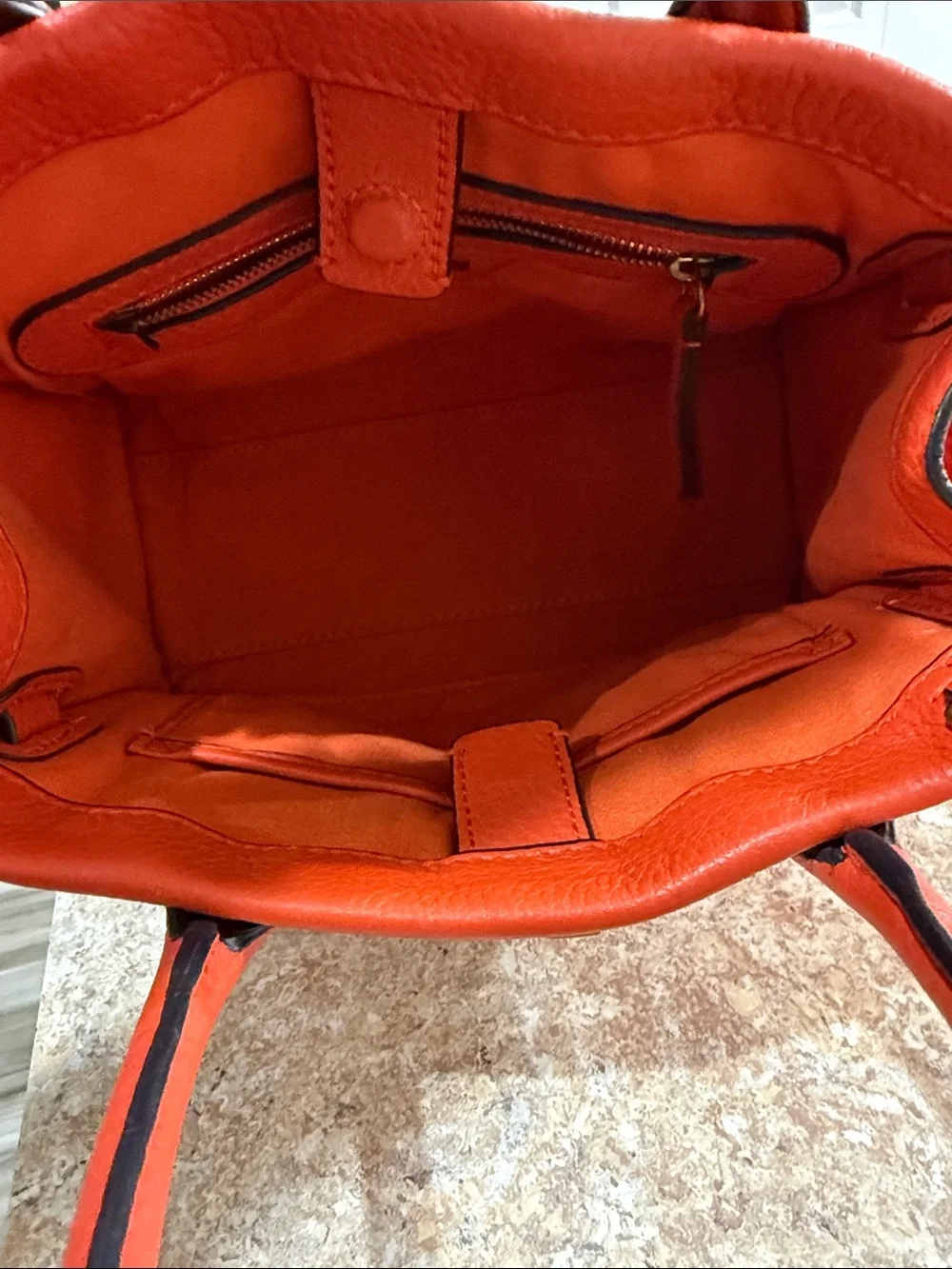 Tory Burch Orange Leather Top-Handle Satchel w/ Gold Hardware & crossbody strap.